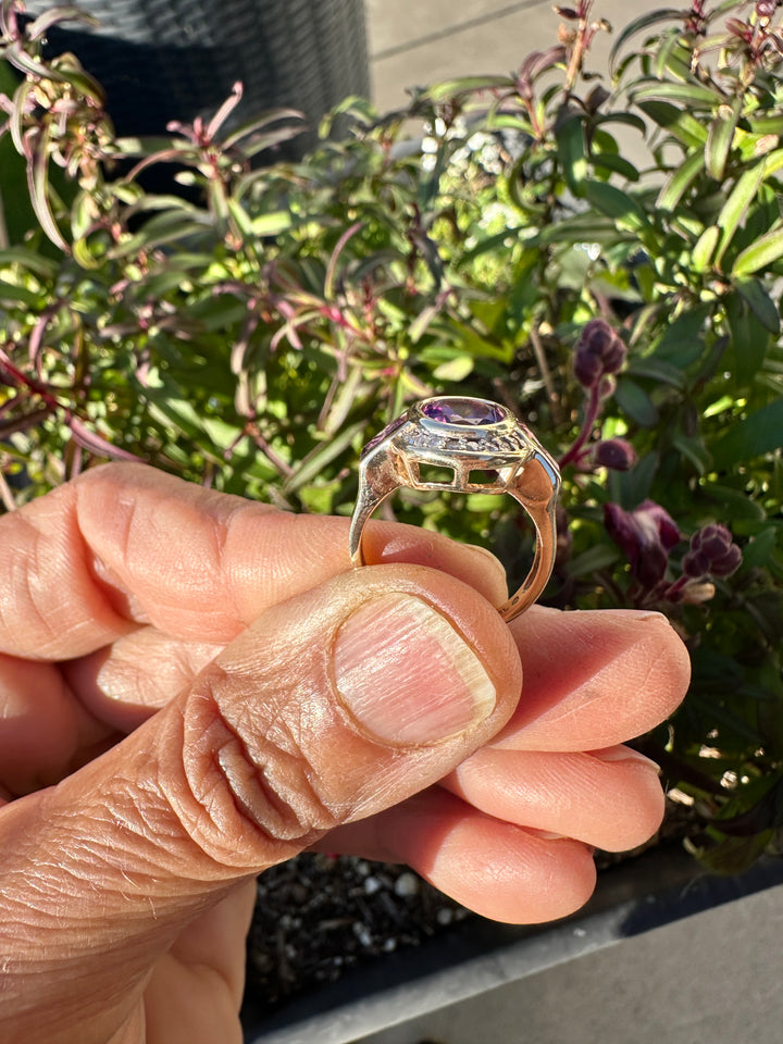 14 karat art deco style Amethyst halo Ring