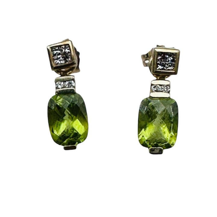 Jacket Earrings, 14 karat tapestry-cut Peridot and princess-cut diamond stud yellow gold