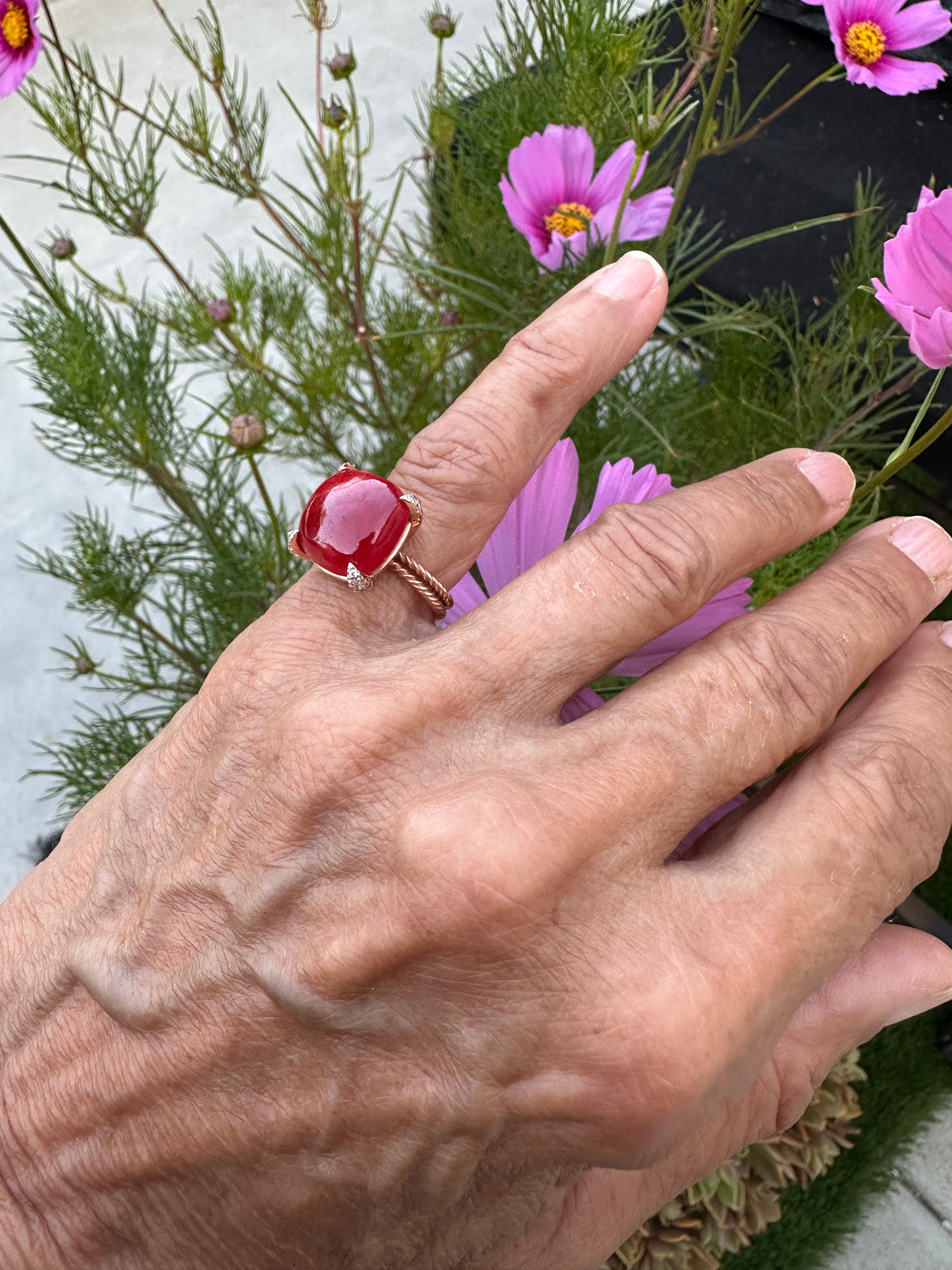 14Kt Red Coral Sugarloaf & Diamond Pink Gold Ring