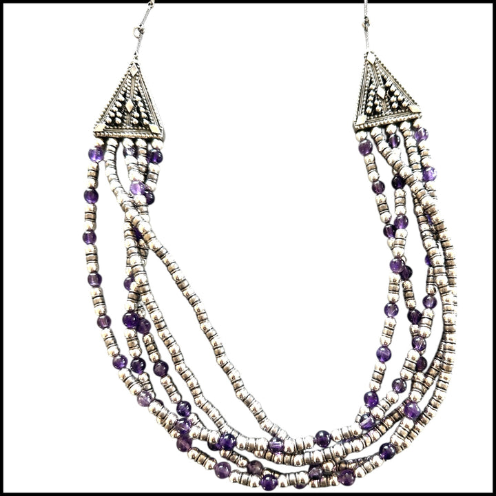 Designer, sterling beaded 5-strand amethyst 26" necklace