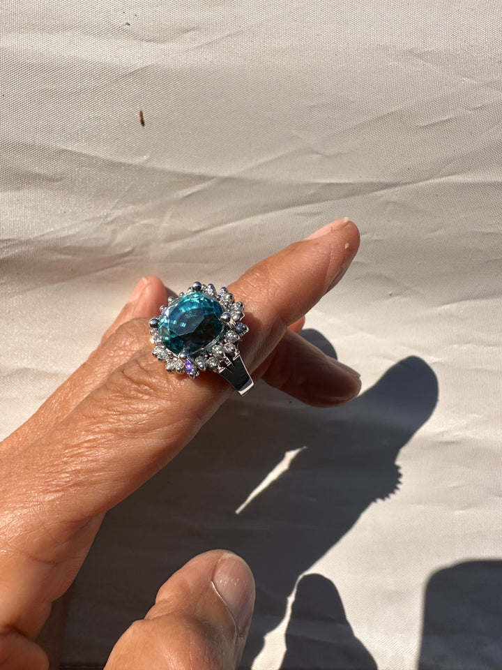 Magnificent 8 Carat Oval Natural Blue Zircon 14K White Gold Starburst Halo Ring