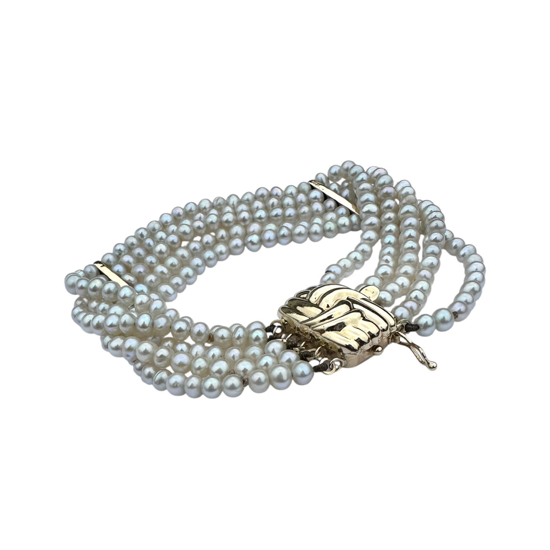 Vintage 14K Yellow Gold Five-Strand Grey Pearl Cuff Bracelet