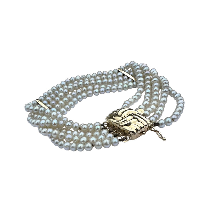 Vintage 14K Yellow Gold Five-Strand Grey Pearl Cuff Bracelet