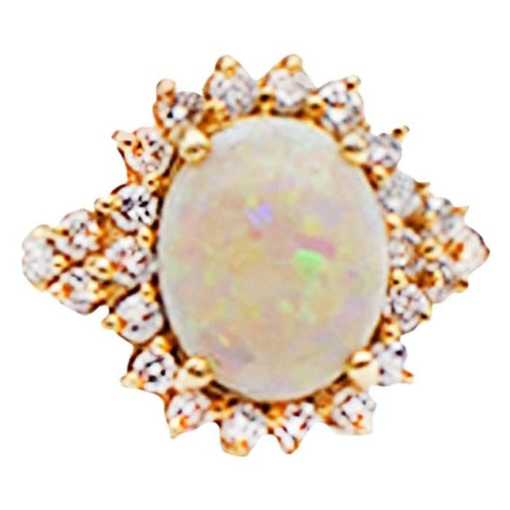 2 Carat Opal and Diamond Halo Ring 14 Karat Yellow Gold