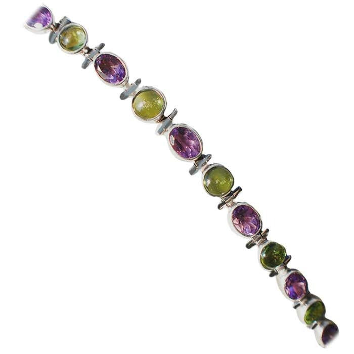 Amethyst and Green Stone Sterling Silver Link Bracelet