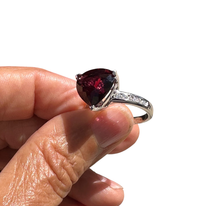 11.00 ct Trillion Rhodolite Garnet, 0.50 ct Diamond Ring in 14 Karat White Gold