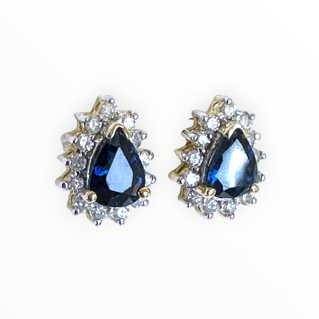 14 Karat .85 Carat Sapphire Pear-Shaped Halo Diamond Stud, Earrings