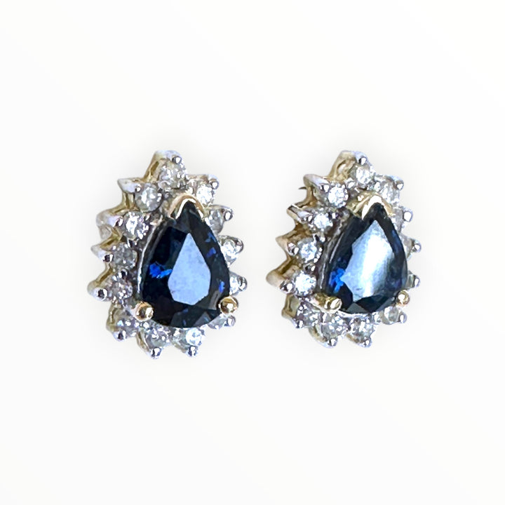 14 Karat .85 Carat Sapphire Pear-Shaped Halo Diamond Stud, Earrings