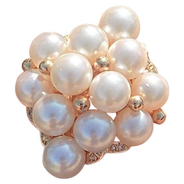 AAA Quality Pearl Cluster Ring with Diamond 14 Karat Yellow Gold