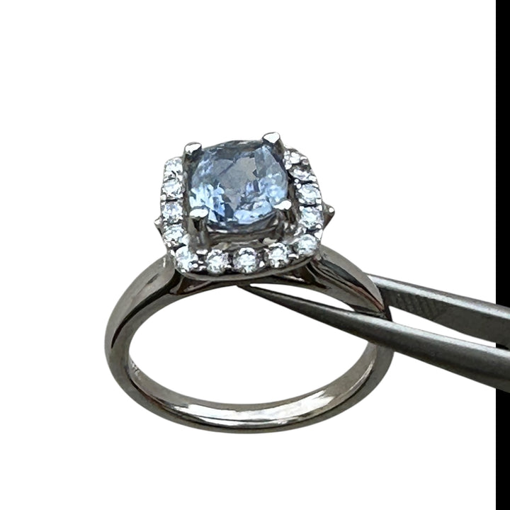 14 Karat Cushion-Cut, Sri Lanka Sapphire Diamond Halo Ring