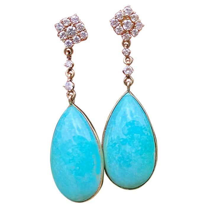 Persian Turquoise and Diamond Dangle Earrings .38 Carat Diamond VS 14 Karat Gold