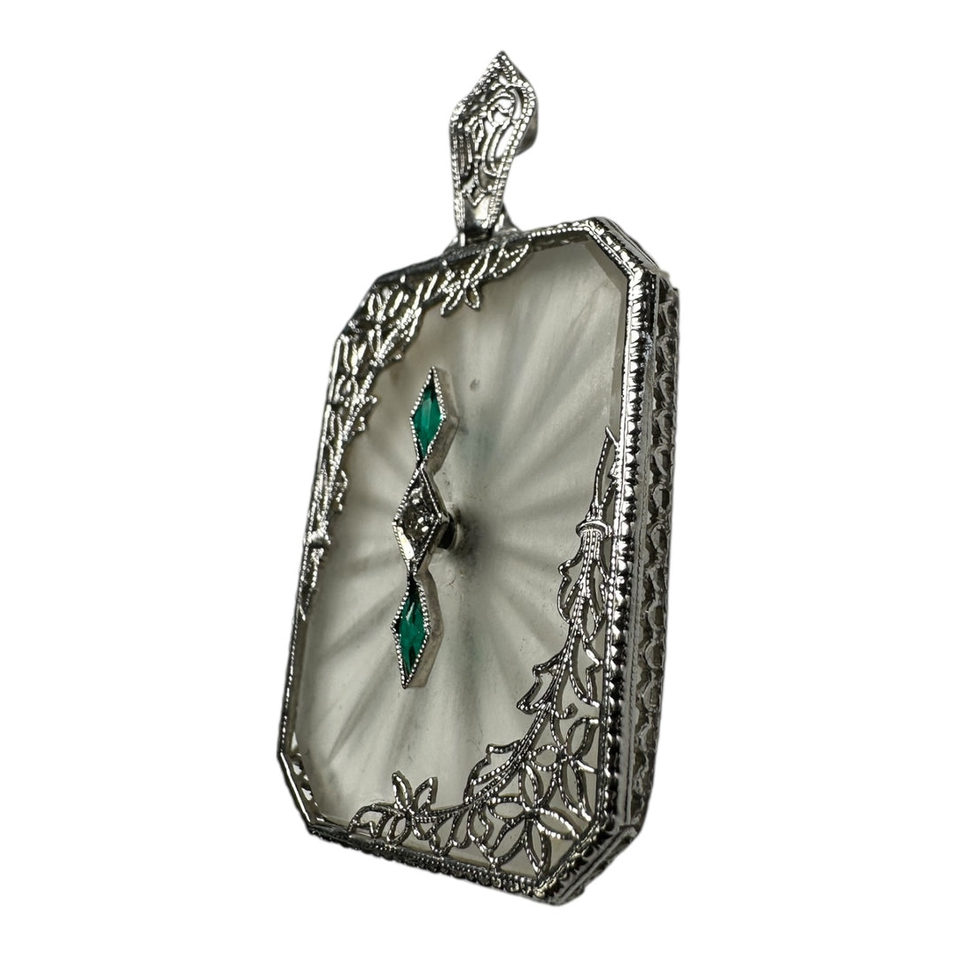 1920s 14 karat White Gold Art Deco, Diamond and Emerald, Pendant