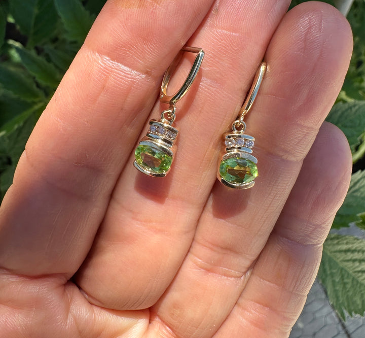 14K Yellow Gold 1.50ct Peridot and 1/4ct Diamond Leverback Dangle Earrings