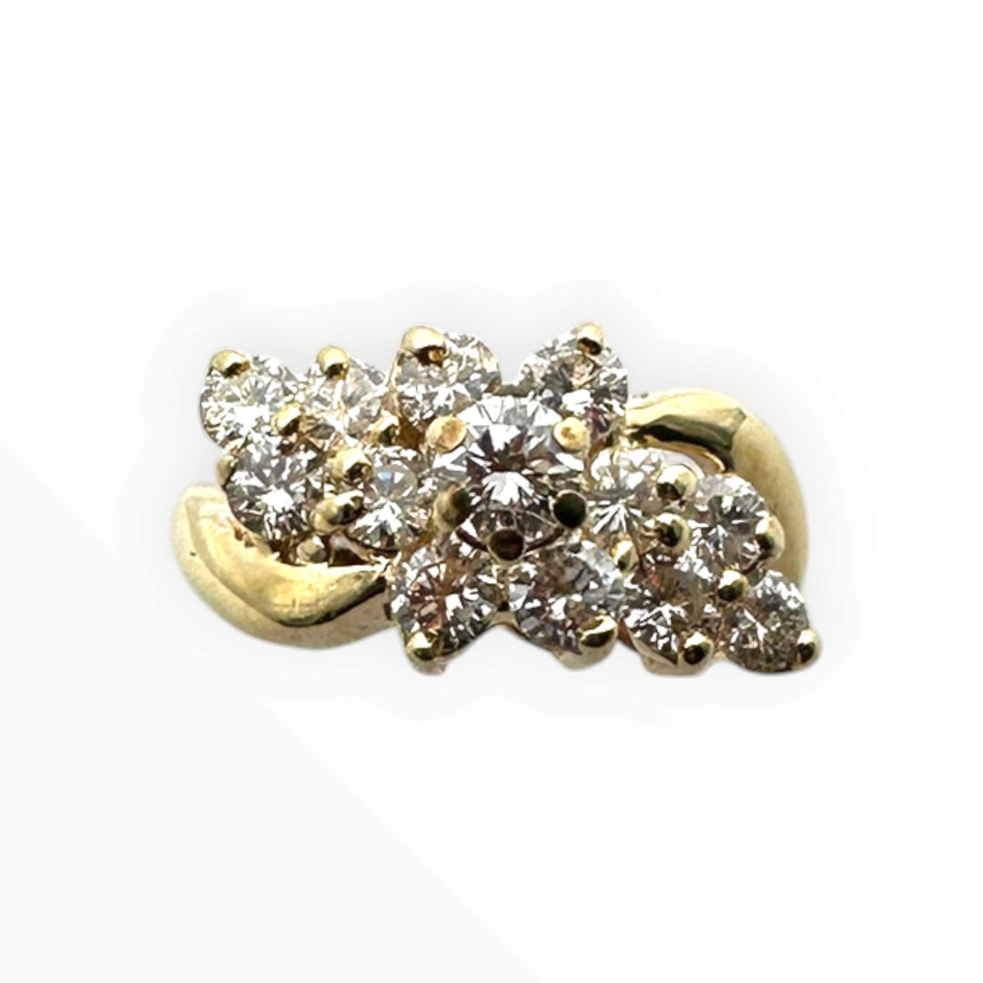 Vintage 14K Yellow Gold 0.80 Carat Round Brilliant Diamond Cluster Cocktail Ring VS