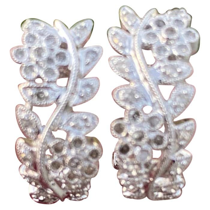 .50 Carat Diamond Huggie Earrings 14 Karat White, Milgrain Detail Leaf Styled