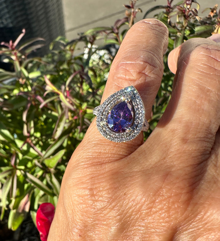14 karat pear shaped Brazilian Amethyst diamond halo ring