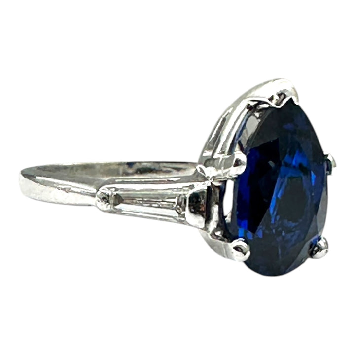 Mid Century Platinum 3-Stone 4.40ctw, Lab-Sapphire and Baguette Diamond Ring