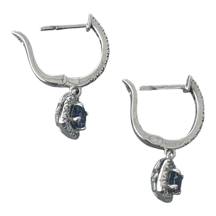 14 karat 2.00 carat sapphire, and diamond halo huggy earrings