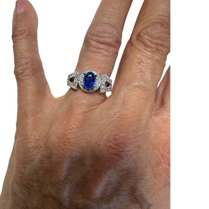 14kt White gold Halo Sapphire and Diamond Split Shank Ring