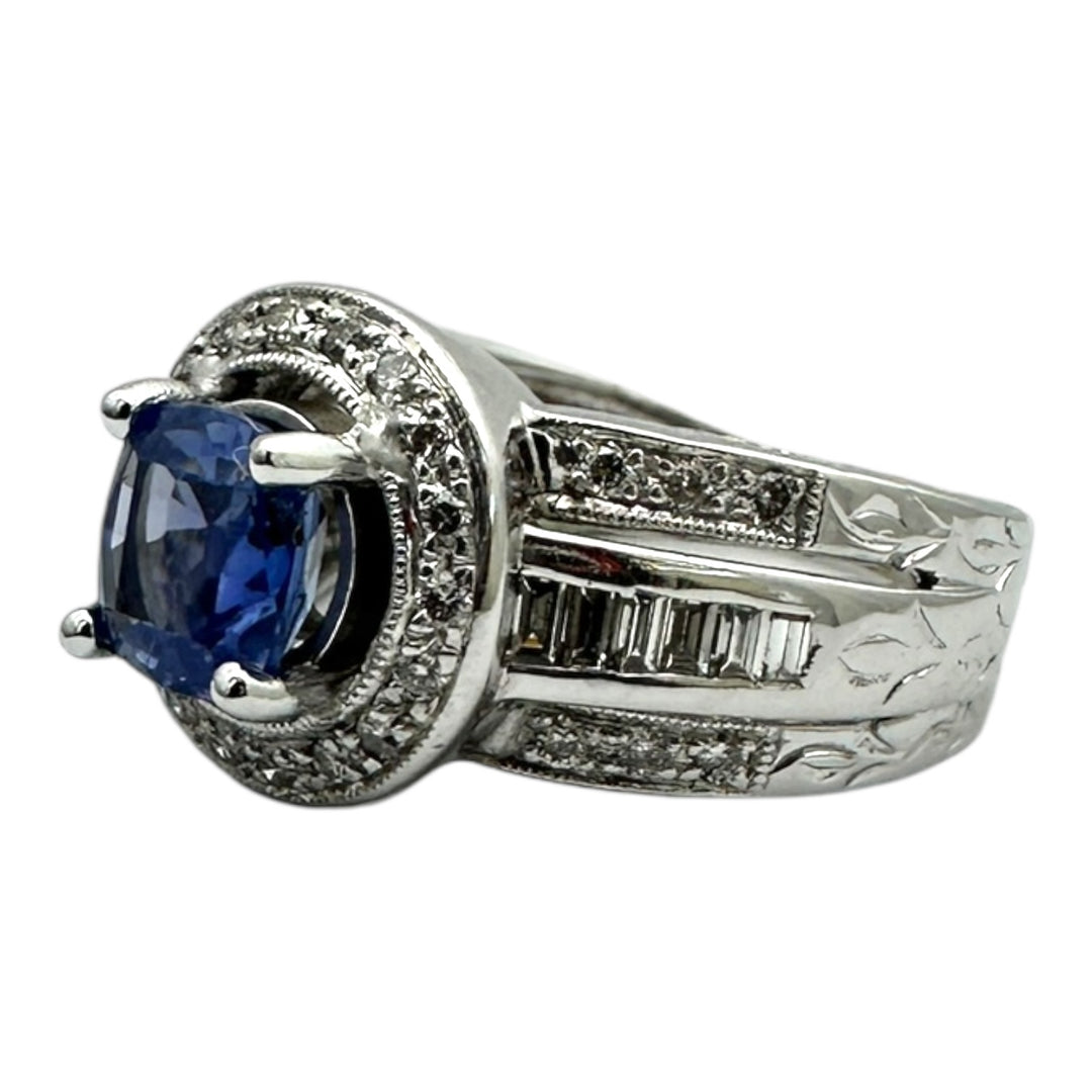 14 Karat White Gold 2.25TCW Blue Sapphire Halo Diamond and Baguette Ring