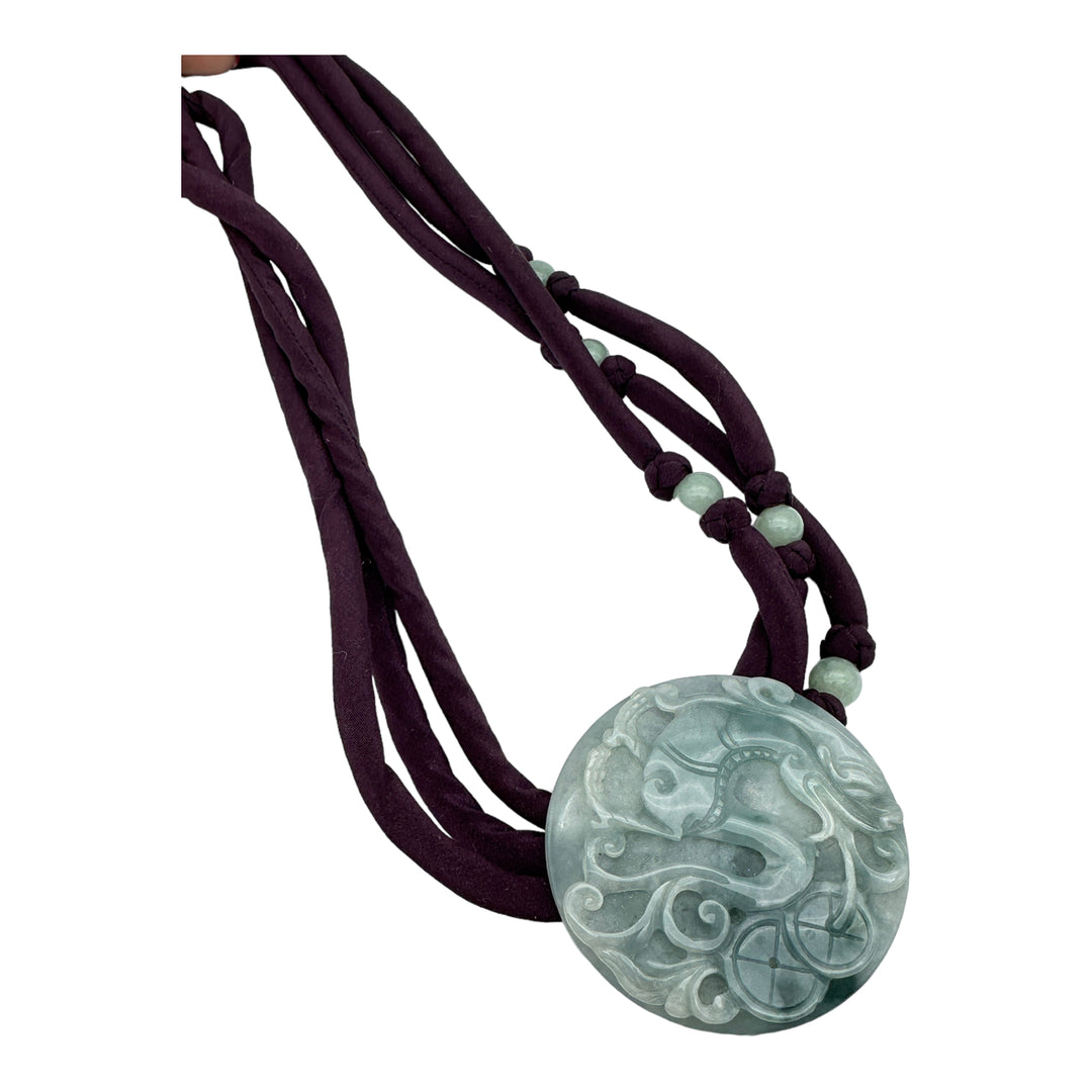 Carved Green Jade Disk on Bead Purple Cord 24" Necklace