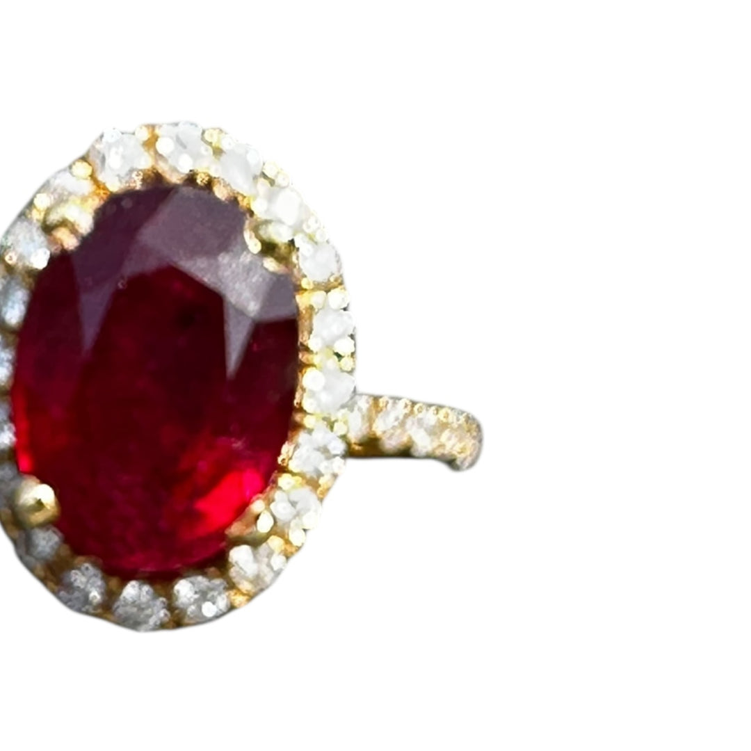 14 karat 3.93 carat red ruby halo ring