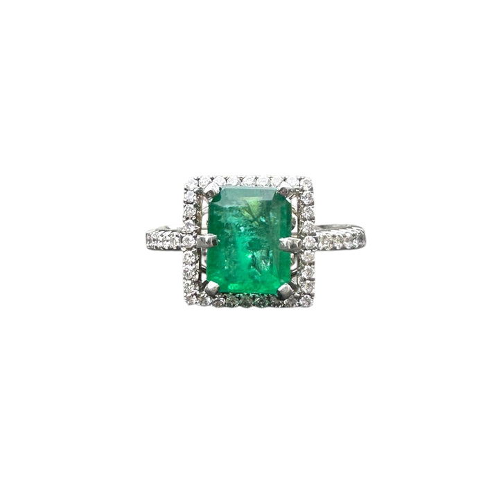 14kt Gold 2.48 Carat Colombian Emerald and Diamond Halo Ring