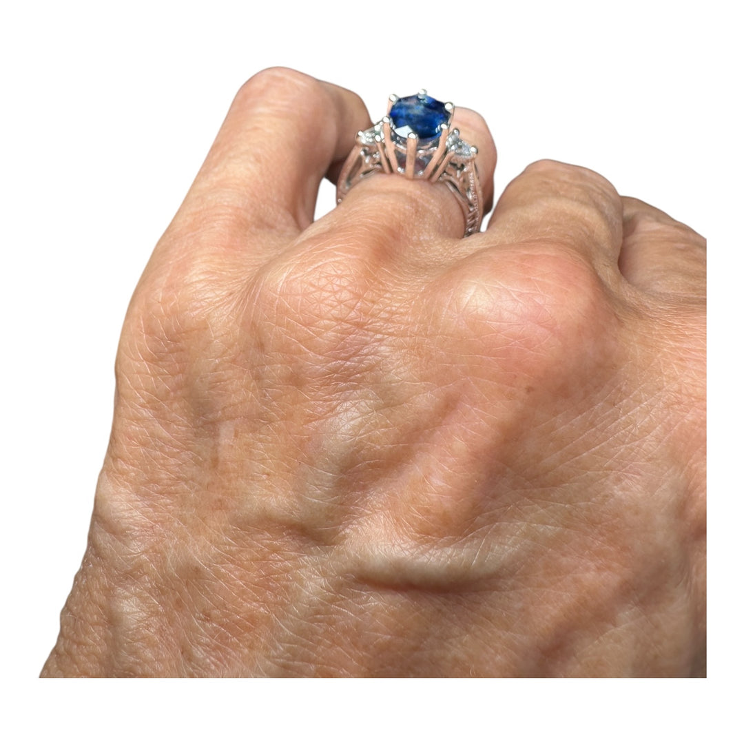 14 Karat 3-stone Oval 3.55 Carat Natural Sapphire and Diamond Ring
