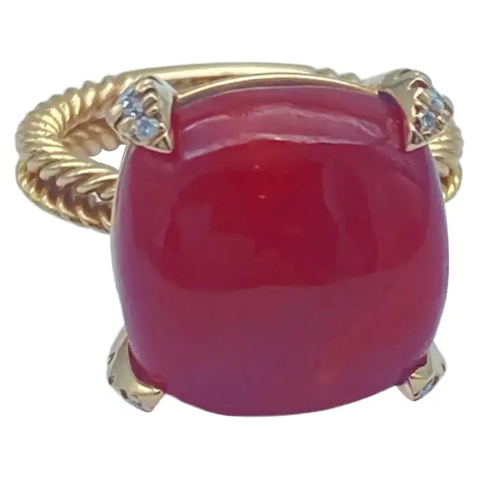 14K Red Coral Sugarloaf & Diamond Pink Gold Ring