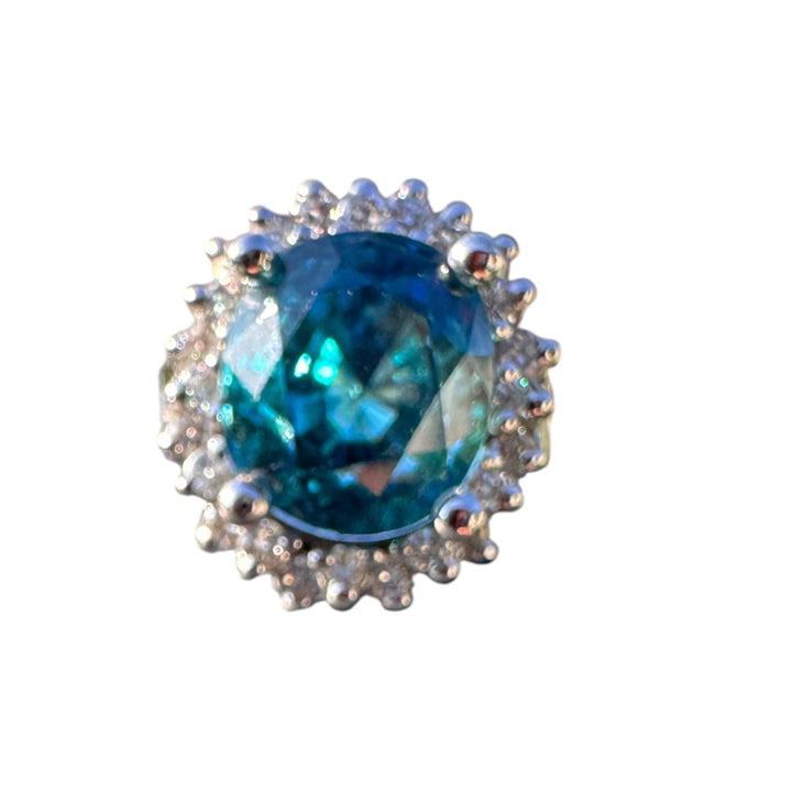 Magnificent 8 Carat Oval Natural Blue Zircon 14K White Gold Starburst Halo Ring