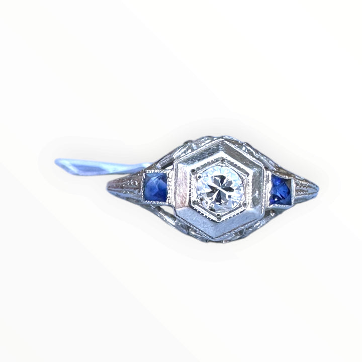 Antique Art Deco 18K White Gold Hexagonal Diamond & Sapphire Engagement Ring .45ctw