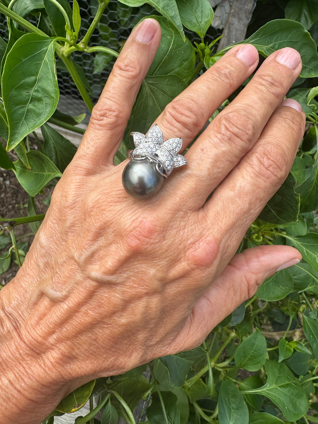 AAA Diamond and Tahitian 14mm Pearl Ring 1.50 ct