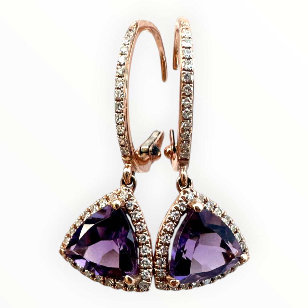 14k Rose Gold & Trillion-Cut Amethyst and Diamond Dangle Earrings 1.35ctw