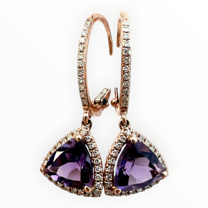 14k Rose Gold & Trillion-Cut Amethyst and Diamond Dangle Earrings 1.35ctw