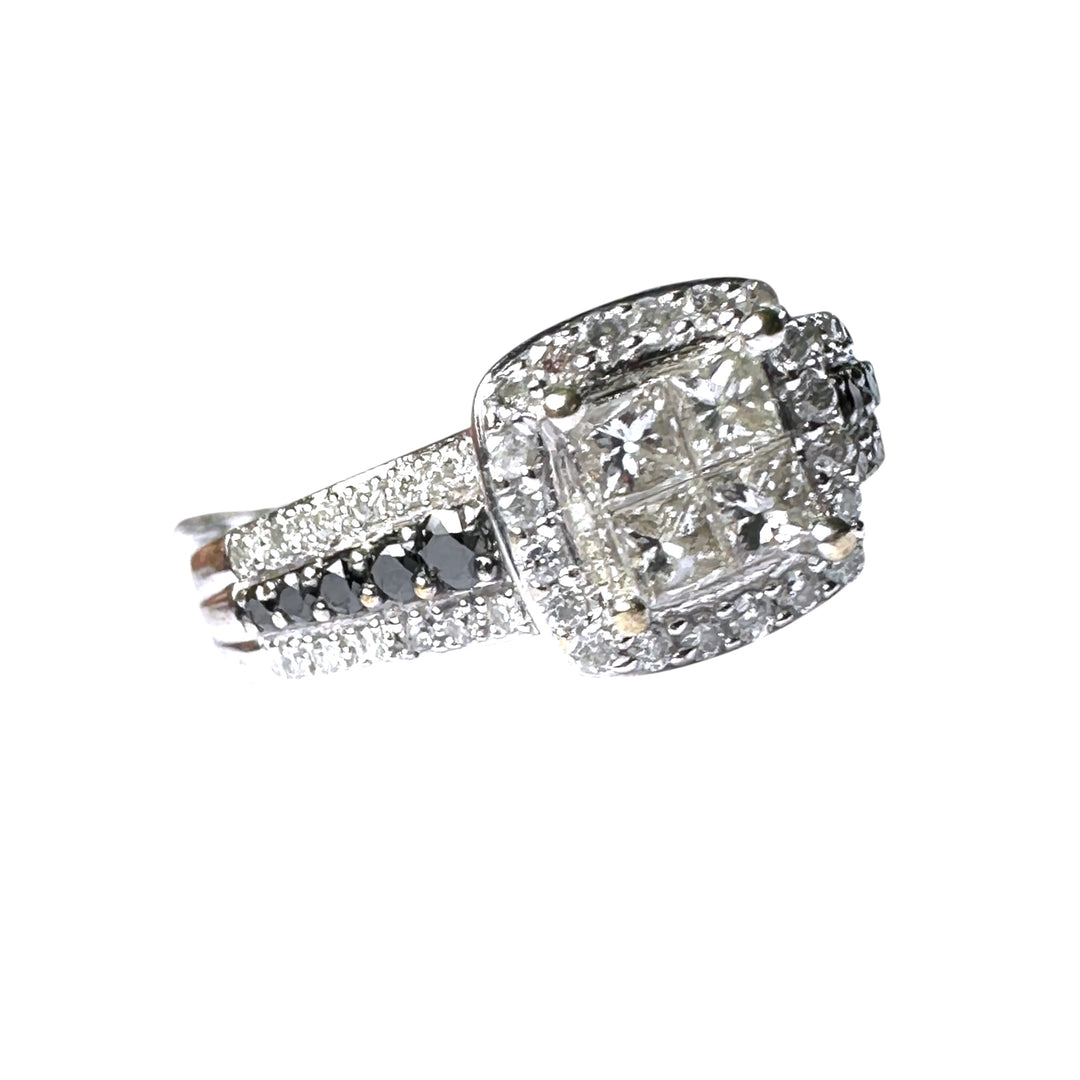 14K White Gold Princess-Cut Quad Diamond Halo Ring with Black Diamond Accents .75ctw
