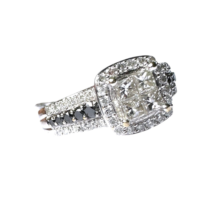 14K White Gold Princess-Cut Quad Diamond Halo Ring with Black Diamond Accents .75ctw