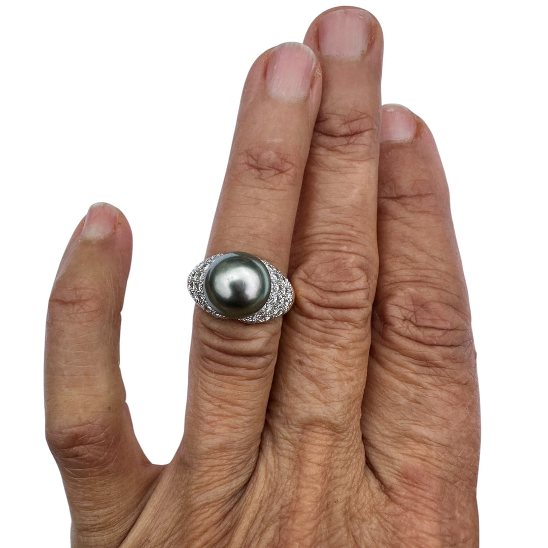 Mid-century, 18 karat Tahitian 12 mm pearl with 1.50 carat diamonds