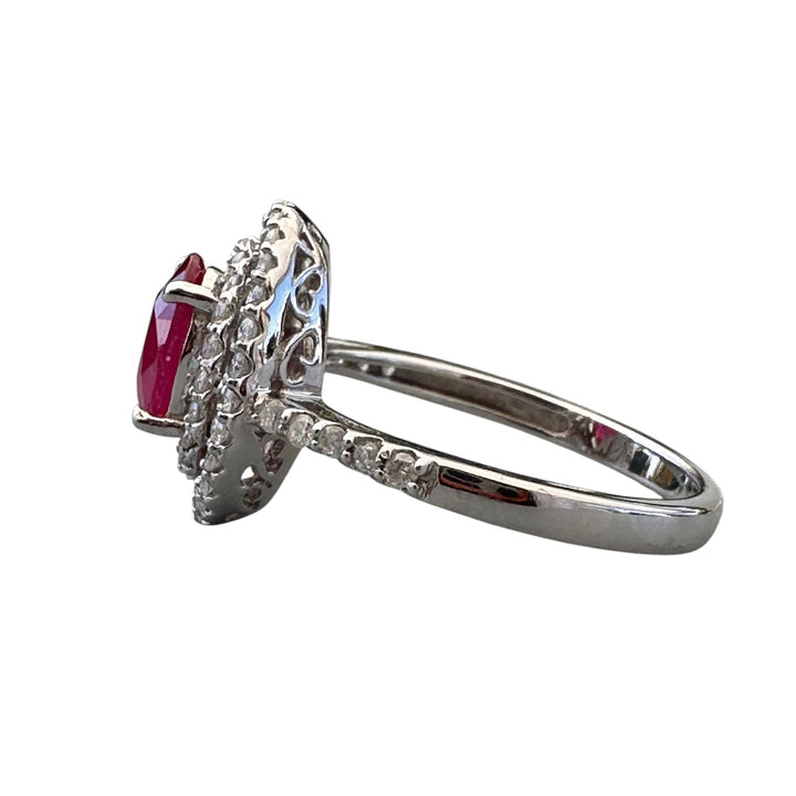 14kt White Gold 1.40 Carat Oval Ruby and Double Diamond Halo Cocktail Ring