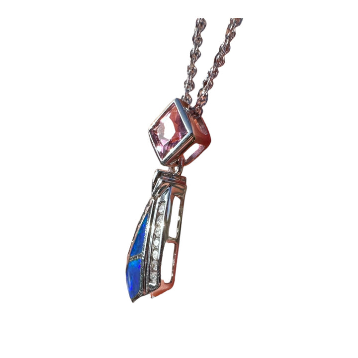 14 karat Opal, tourmaline, and diamond pendant with chain