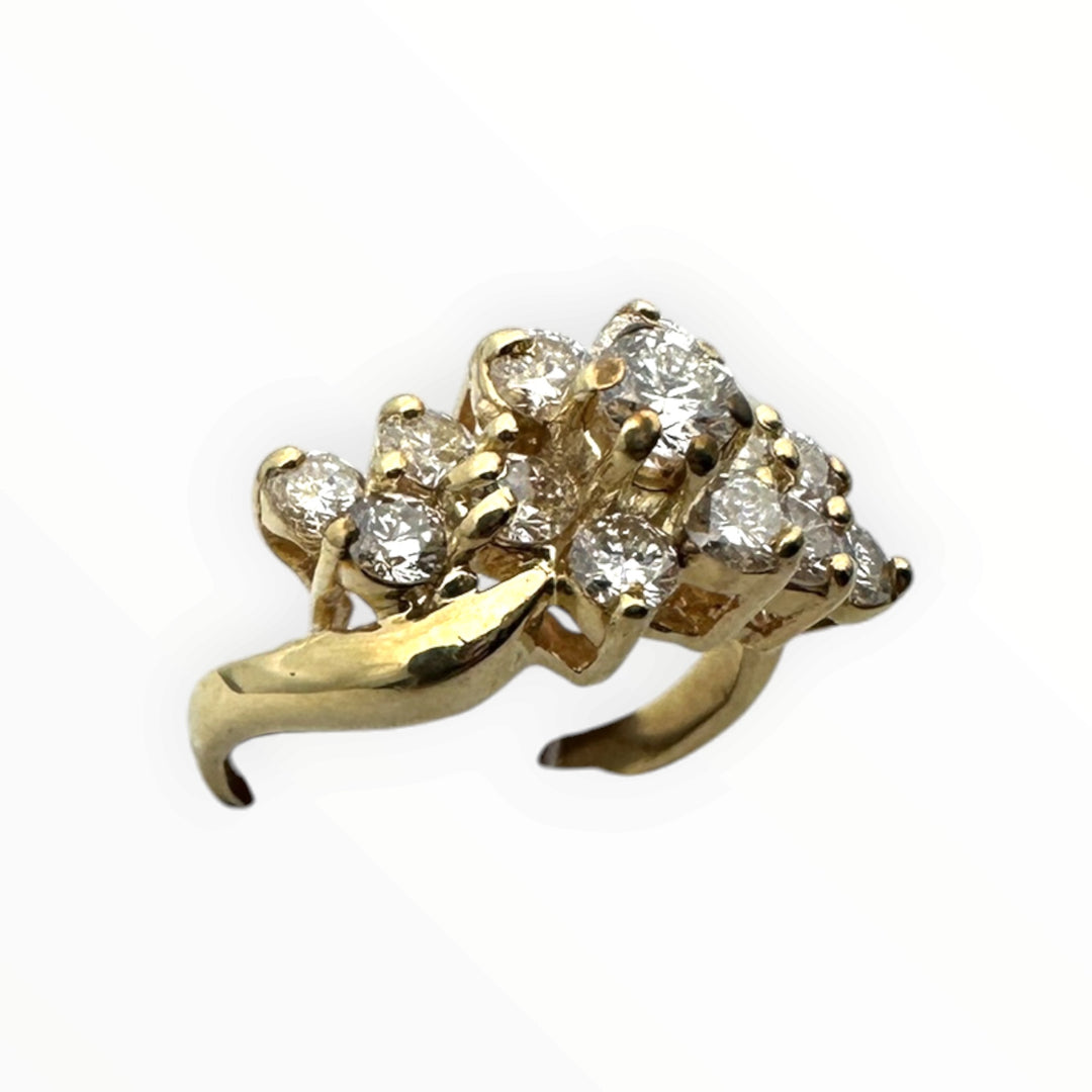 Vintage 14K Yellow Gold 0.80 Carat Round Brilliant Diamond Cluster Cocktail Ring VS