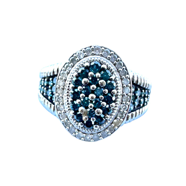 White Gold Blue and White Diamond Halo Statement 1.75ct Halo Ring