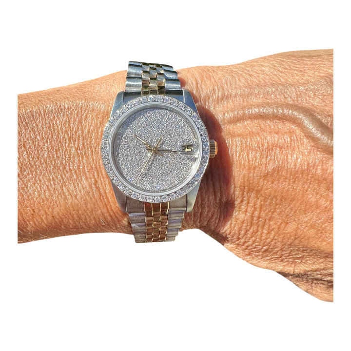 18 karat 2-Tone Rolex Datejust 31 mm Watch 4ctw Diamond Pave Dial and Bezel