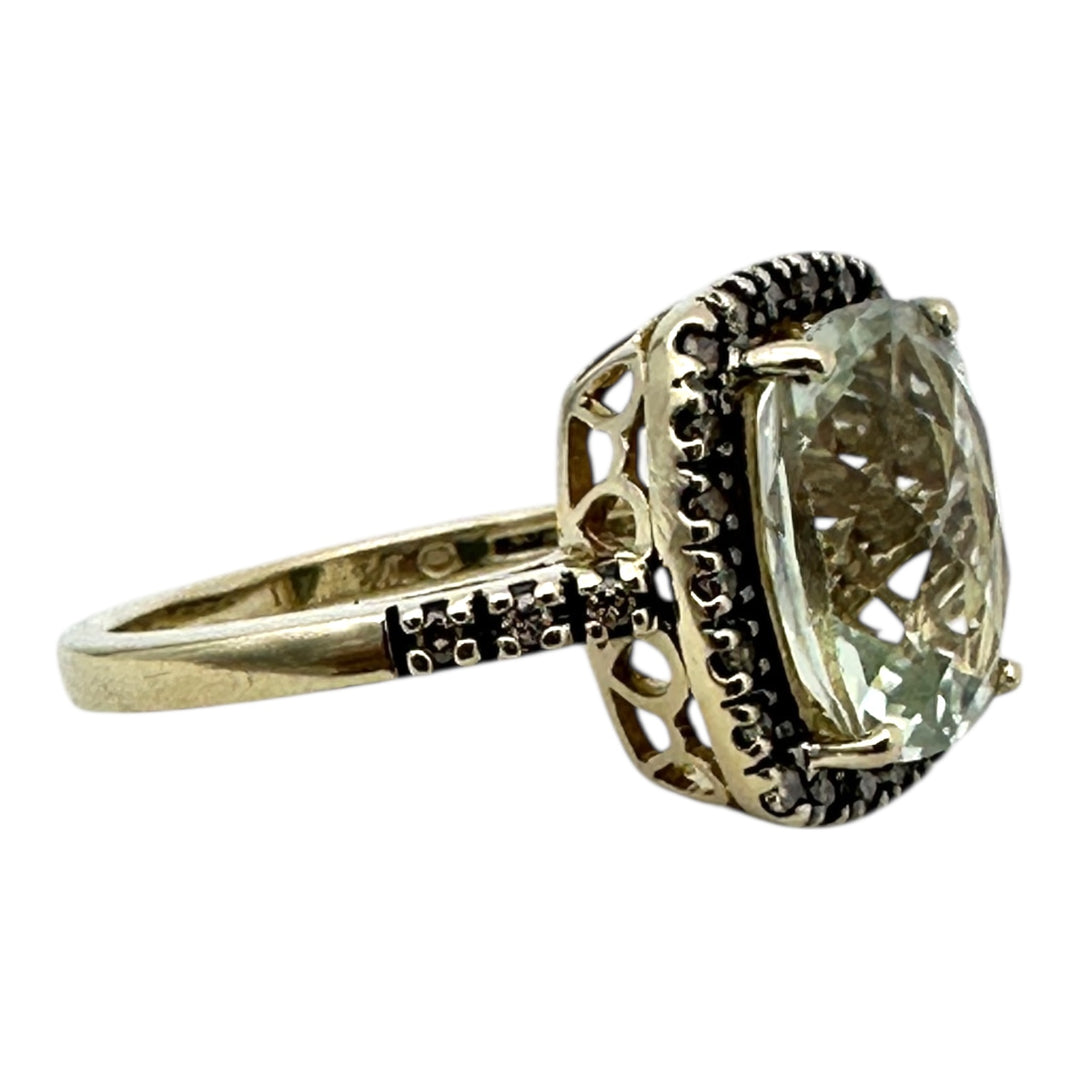 10kt yellow, gold color change, blue-green halo, chocolate-diamond ring