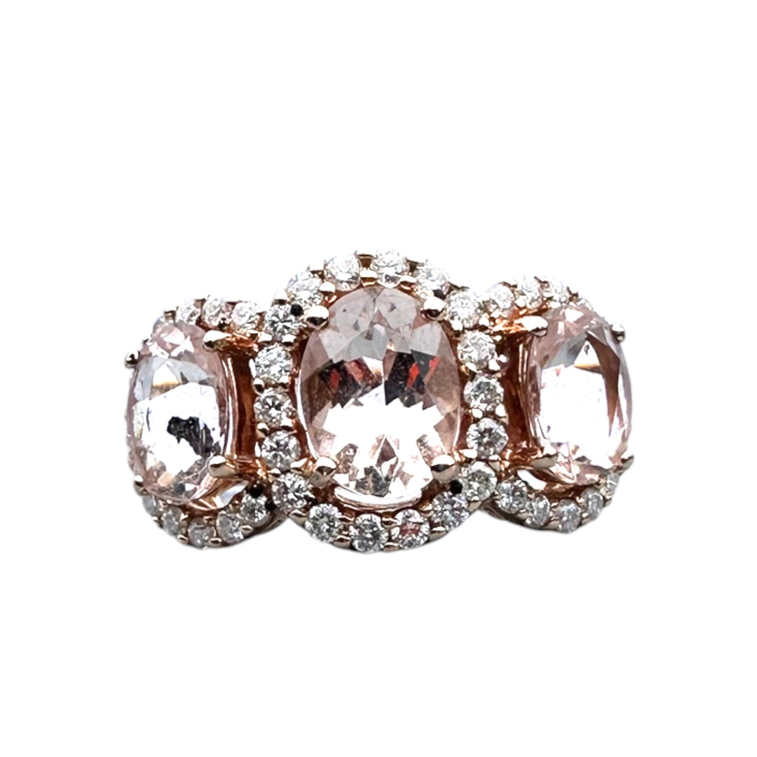 14 karat pink gold, 3-stone Morganite diamond halo ring