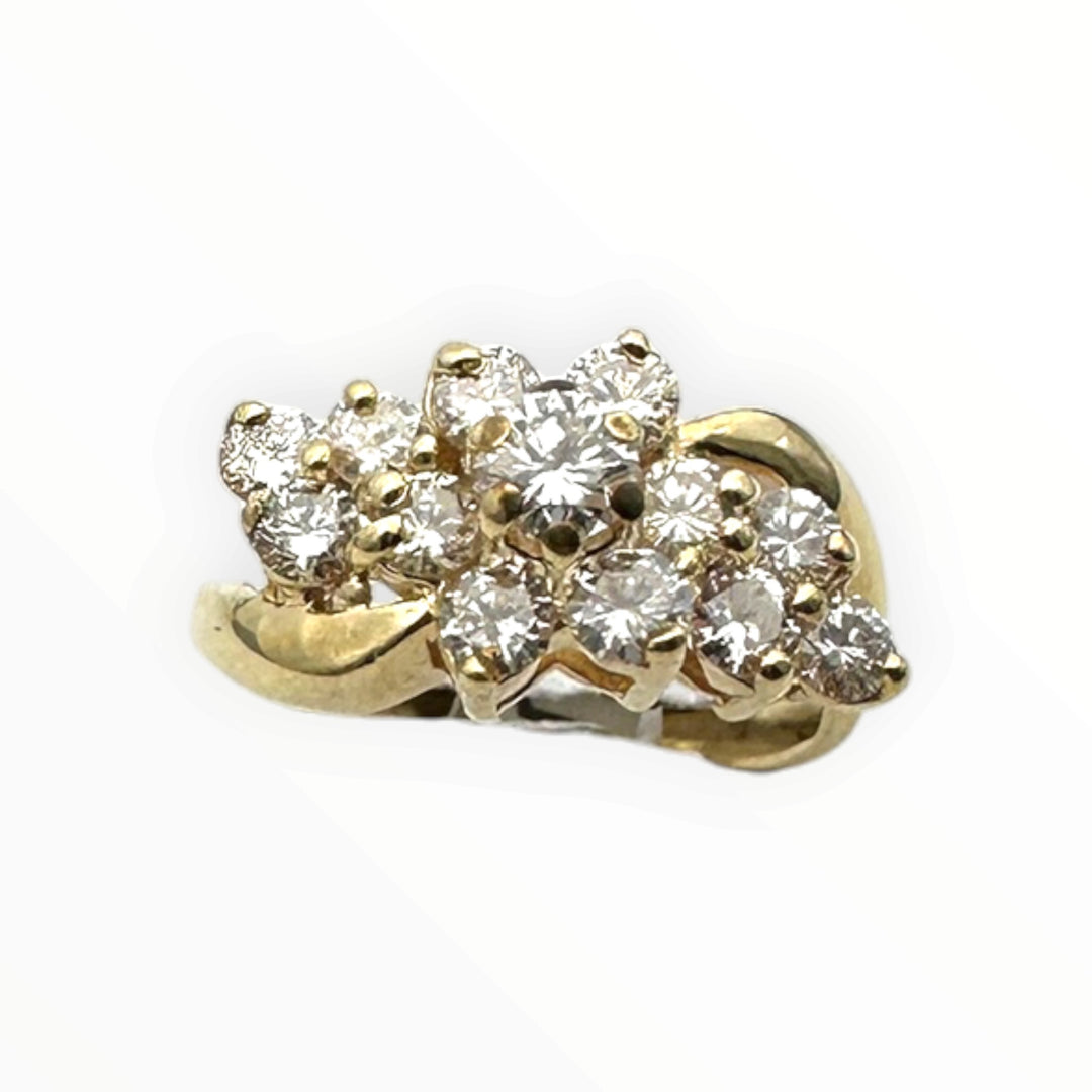 Vintage 14K Yellow Gold 0.80 Carat Round Brilliant Diamond Cluster Cocktail Ring VS