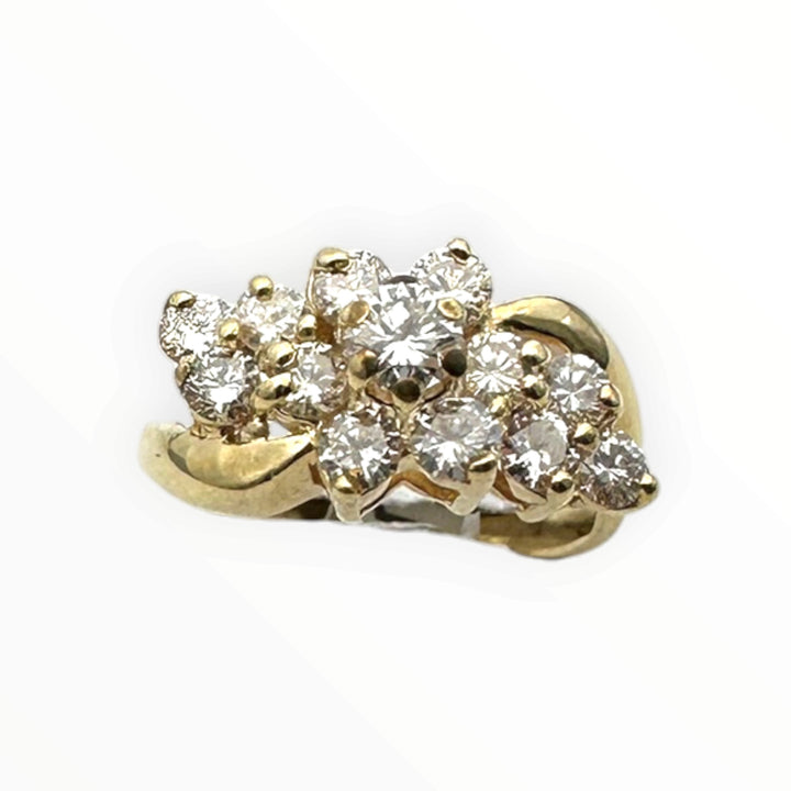 Vintage 14K Yellow Gold 0.80 Carat Round Brilliant Diamond Cluster Cocktail Ring VS