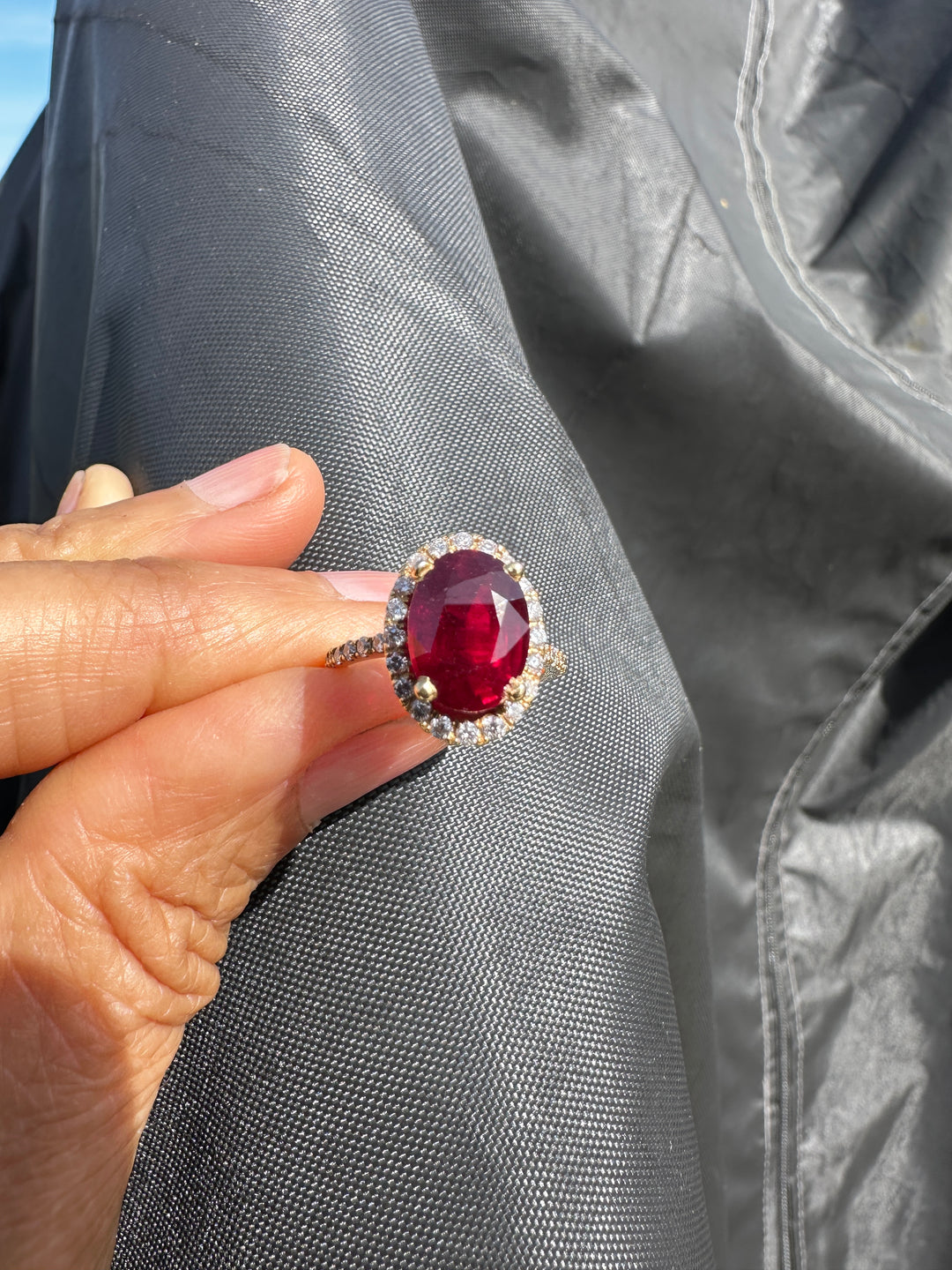 14 karat 3.93 carat red ruby halo ring