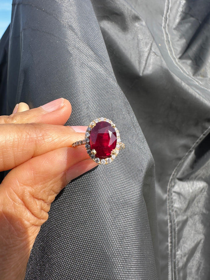 14 karat 3.93 carat red ruby halo ring