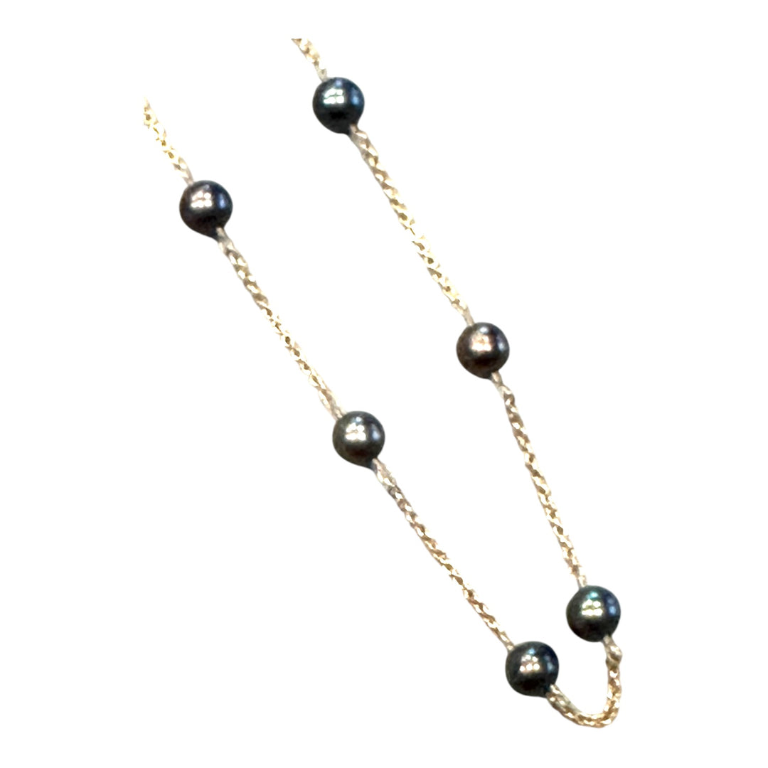 14K Yellow Gold 5.75mm Natural Black Akoya Pearl Chain Necklace AAA Iridescent