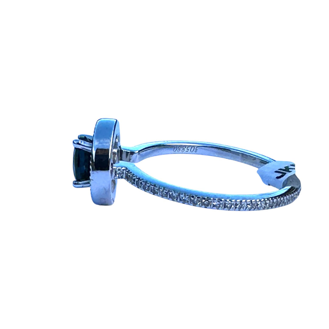 Simon G, 18 Karat Teal Colored Zircon Halo Eternity Band .90ct Ring